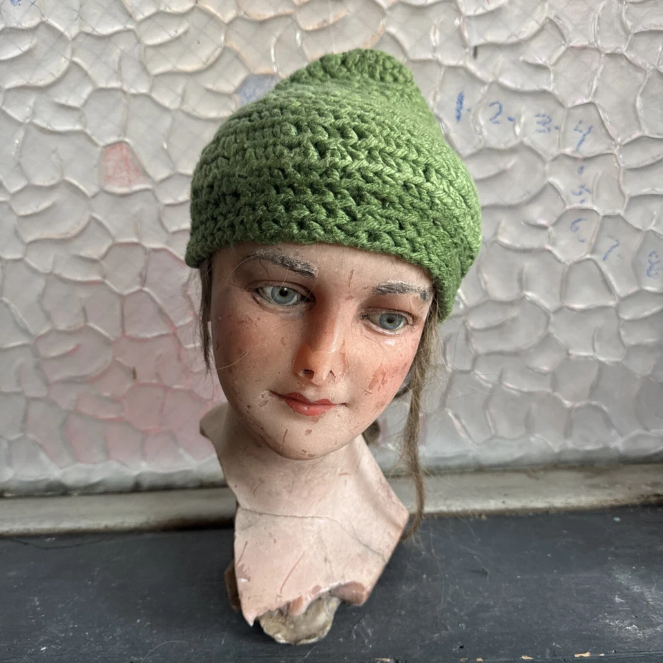 Gorro tejido verde vintage años 50 1960 dos tonos tocado invierno Foto 3 de 4