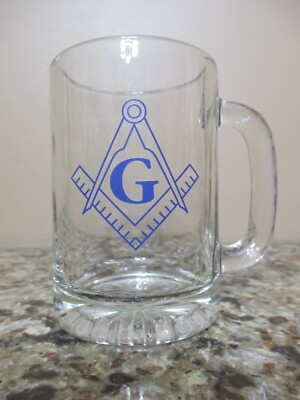 Vintage Masonic Freemasonry Logo Glass Mug w/ Blue Graphics