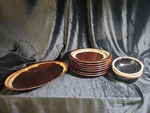 11pc Vtg PFALTZGRAFF Brown Drip Dinner Plates, Soup Cereal Bowls, Platter