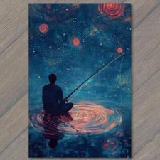 Art Print Silhouette of Man Fishing Cosmic Spiral Sky Vibrant Abstract Display