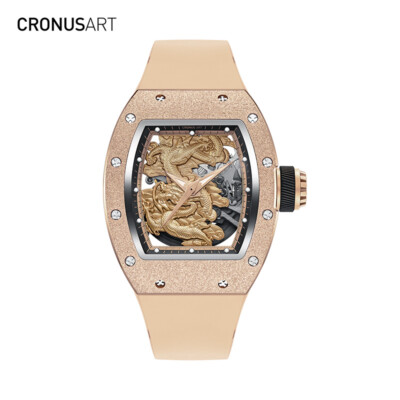 CRONUSART Tonneau Loong Skeleton Carbon Steel Case Mechanical Automatic Watch
