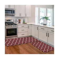 2Pcs Cushioned Anti-Fatigue Kitchen Floor Rugs Waterproof Non-Slip Mats Dark Red
