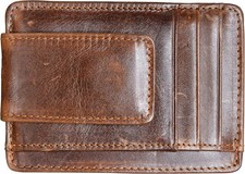 Money Clip RFID Front Pocket Brown with ID Window Crazy Hourse Leather 