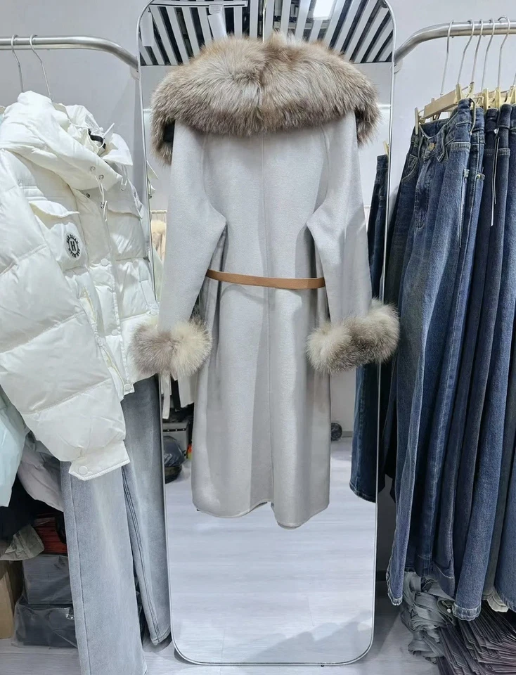 Luxury 100% cashmere real fox fur long coat overcoat old money designer style  - Image 4 of 4