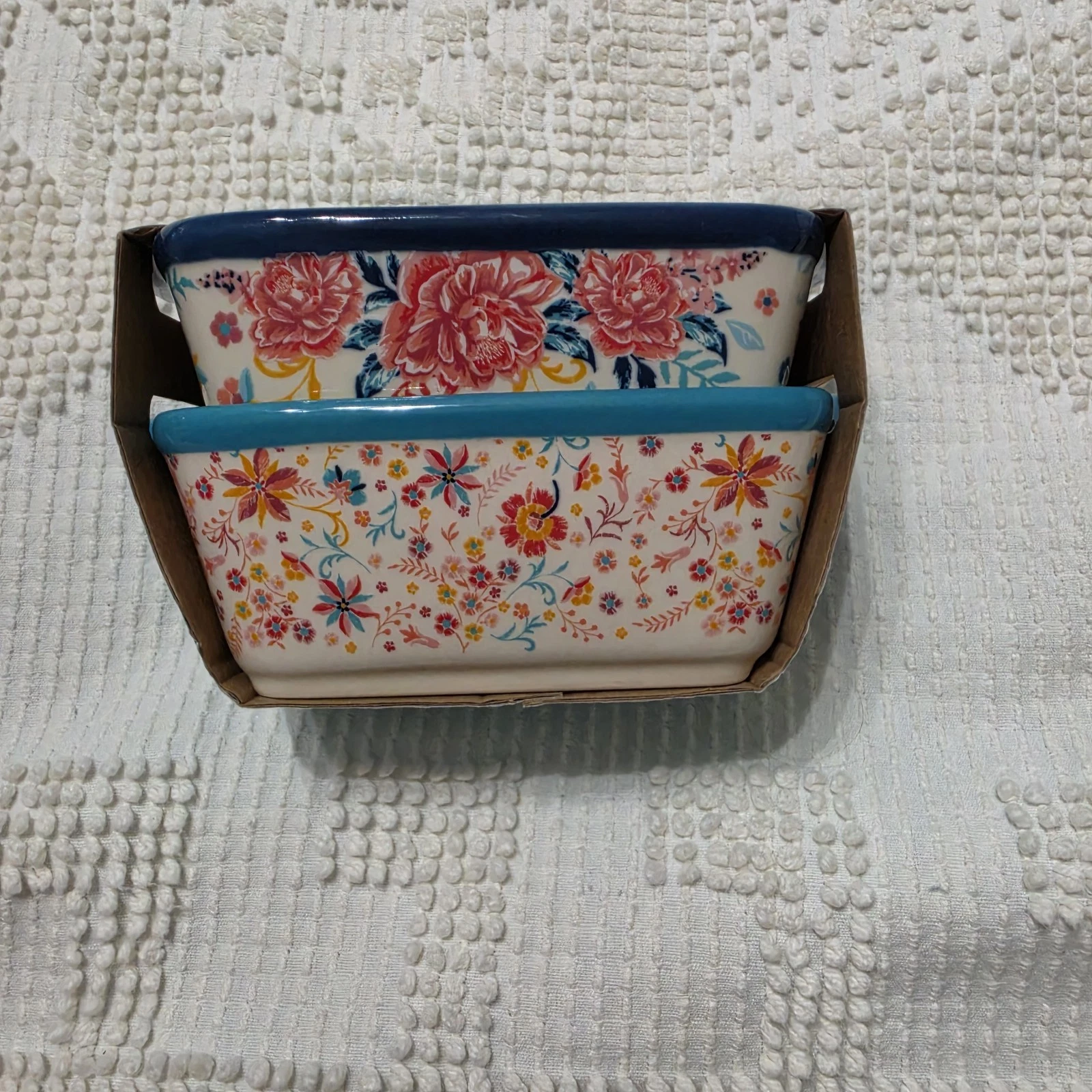 Pioneer Woman Keepsake Floral Mini Loaf Pans Ceramic 2 Pcs Blue 5.1"Wx3.1"D New