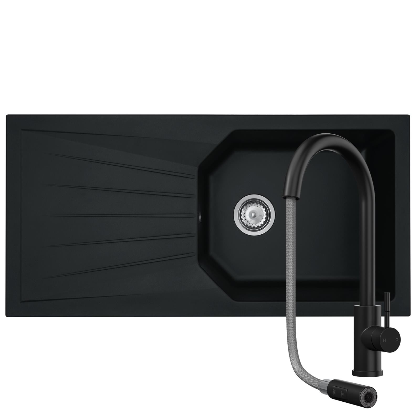 Liquida AGV100BL 1.0 Bowl Black Kitchen Sink With CT453MB Pull Out Tap