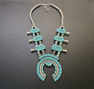 Squash Blossom Faux Turquoise Pendant Necklace