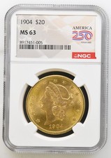 1904 $20 Liberty Head Double Eagle Gold Coin. Certified NGC MS63. AGW 0.9675oz 5321.96 per troy oz