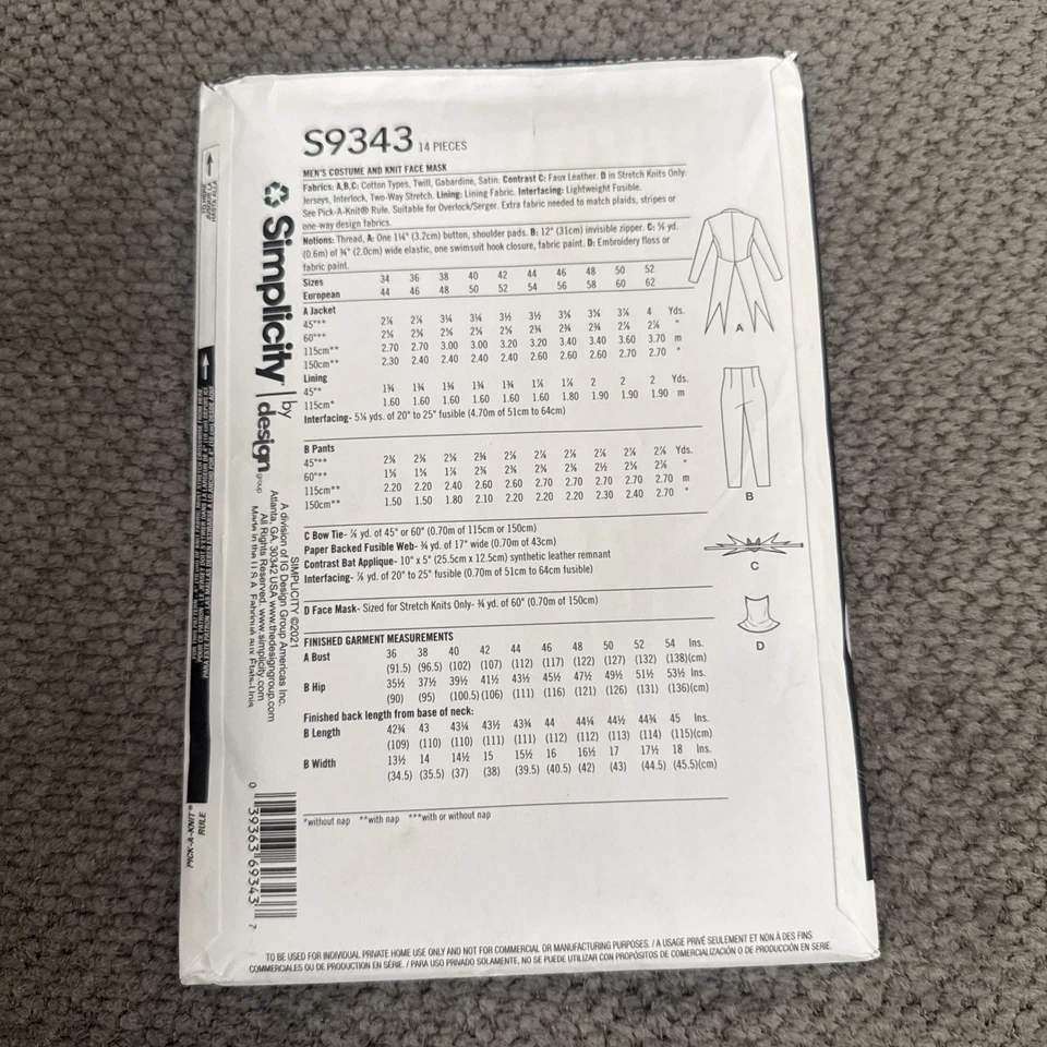 SIMPLICITY PATTERN 9343 NIGHTMARE JACK SUIT MENS SIZES 44 46 48 50 52 UNCUT - Image 2 of 2