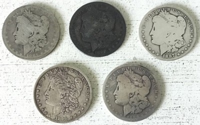 5 Coin Morgan Dollar Lot Cull Slick 90% Silver $5 Face $1 CP