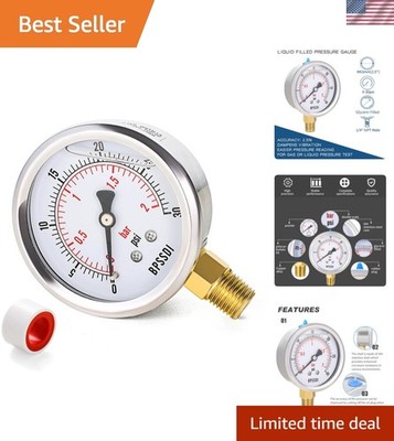 0-30 Psi Glycerin Liquid Filled Low Pressure Gauge, 2.5'' Dial Size, 1/4'' NPT ...