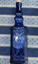 Glass Decorative Bottle App.  12” High Cobalt Blue w/ Raised Design Cork Vintage