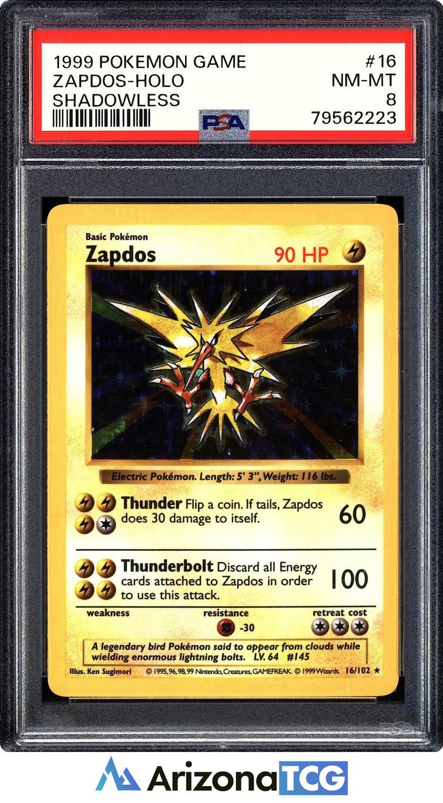 Pokemon 1999 Zapdos 16/102 Holo Shadowless PSA 8