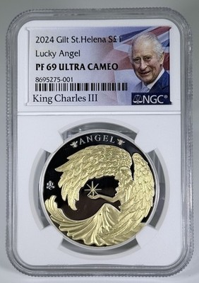 2024 £1 St. Helena 1 oz Silver Lucky Angel Coin with Gold Gilt