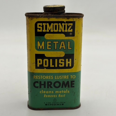 #ad Vintage SIMONIZ METAL POLISH Empty Tin Can Prop Display Restore Chrome Lustre $14.95