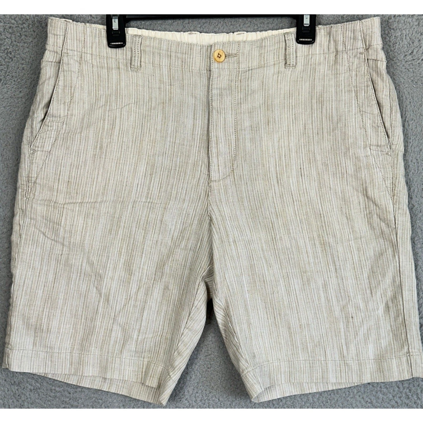 Tommy Bahama Linen Blend Shorts Men XL Tan Beige Chino Herringbone Stretch Waist