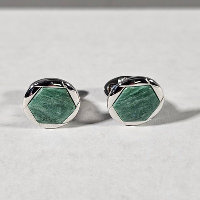 Jan Leslie Cufflinks Mens OS Green Sterling Silver 925 Hexagon Stone Inlay
