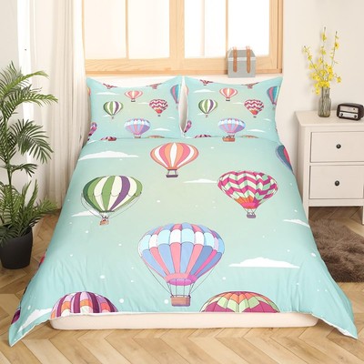 Hot Air Balloon Duvet Cover Cartoon Clouds Bedding Set Watercolor Hot Air Bal...