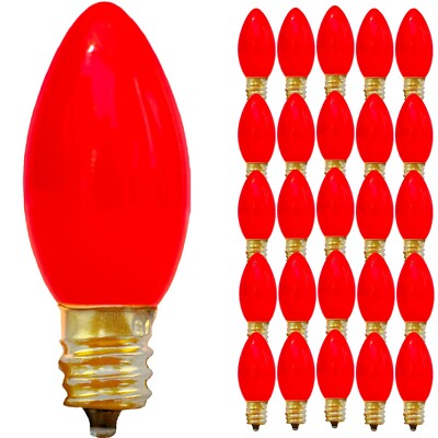 C-7 SOLID RED LIGHT BULBS - BRAND NEW 1 BOX OF 25 C7 RED STEADY CERAMIC OPAQUE
