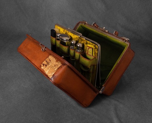 Antik Vintage Kosmetik Arzt Gladstone Motoring Tasche Necessaire Deko Leder