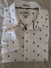 COMO Black Skulls On White Long Sleeve Button Dress Shirt Cotton Large