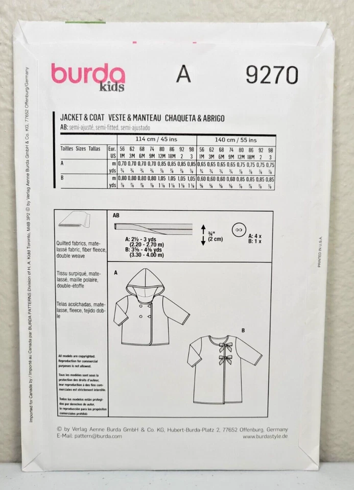 Burda Kids Pattern 9270 Babies/Toddlers Jackets Hoodie Coat Size 1M - 3 Years - Image 2 of 3