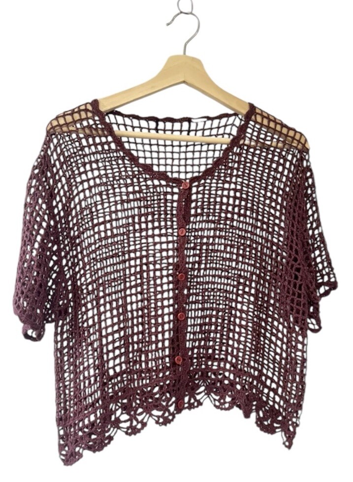 VTG Y2K Shrug Burgundy Cottagecore Crochet Granny Scalloped Knit