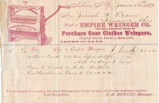 U.S.A. Empire Wringer Co. Auburn 1879 Clothes Wringer Illustd Invoice Ref 37449