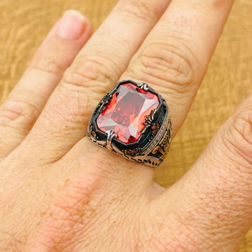 Mens Sterling Silver Ring, Red Ruby Zircon Stone Ring, 925K Mens Jewelry - Picture 2 of 9