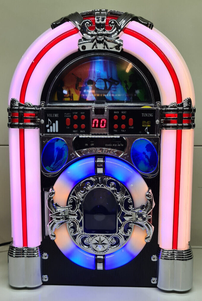 Compact Table Top Jukebox CD Player Radio & LED Lights Casino 60s 70s
