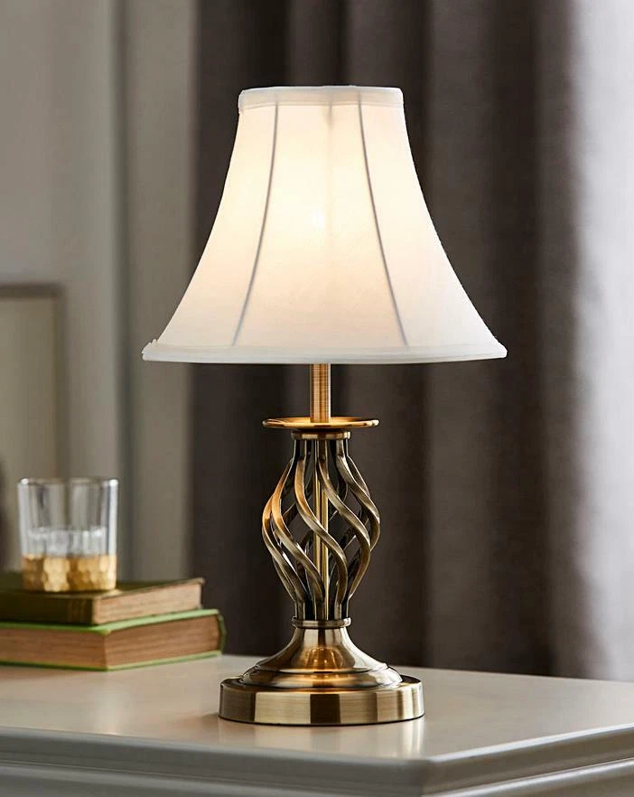 Elegant Design Touch Bedside Table Lamp Antique Brass Finish Base Cream  Shade