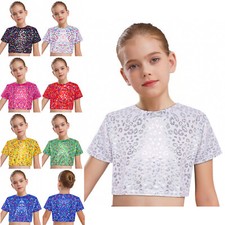 Kids Girls Crop Top Jazz Shirt Stretchy T-shirt Latin Blouse Daily Dancewear