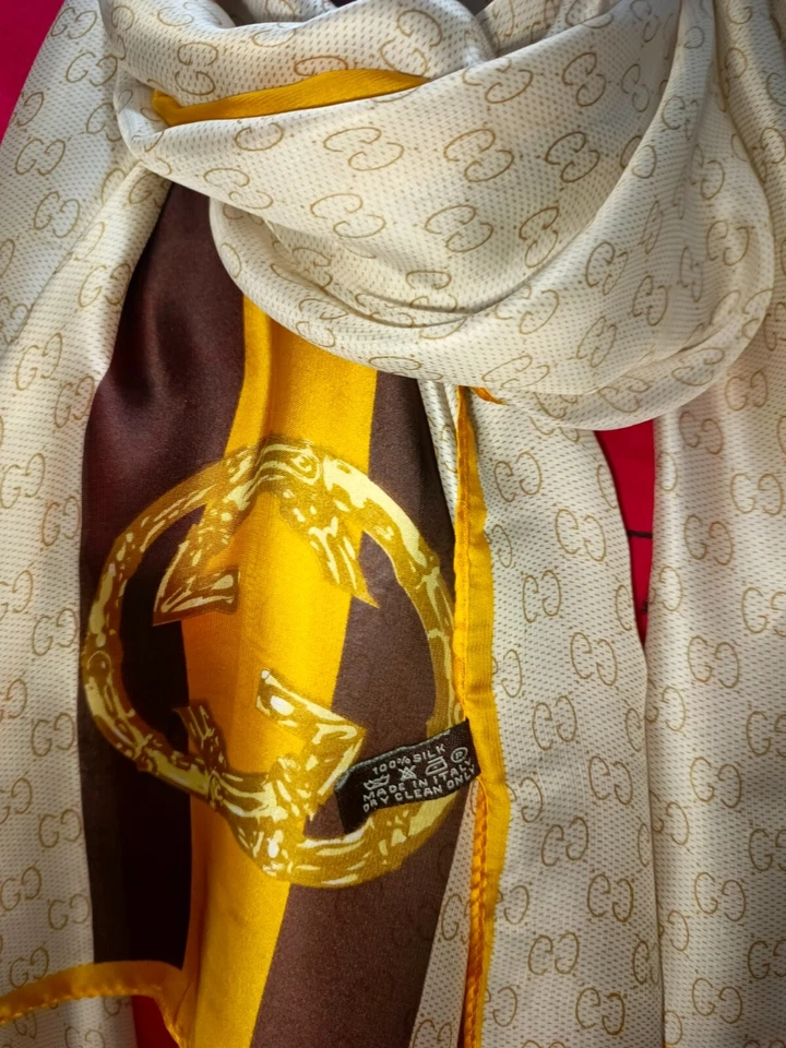 Gucci cream/beige 100% silk rectangle scarf wrap with brown and gold/yellow... - Image 4 of 4