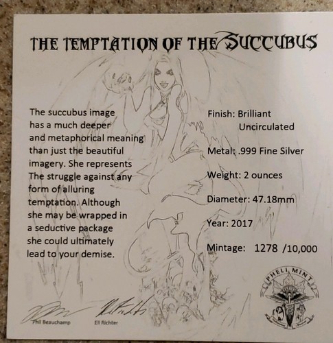 2017 2 OZ .999 REINES SILBER VERSUCHUNG DES SUKKUBUS RUNDE MÜNZE PHELI MINT MÄDCHEN - Bild 4 von 4