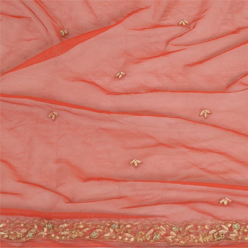 Sanskriti Vintage Brick Red Long Dupatta Stole Net Mesh Hand Beaded Scarves - Picture 5 of 9