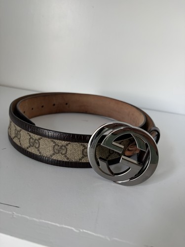 Authentic GUCCI Brown Monogram Canvas Silver Interlocking G Buckle Belt Sz 40