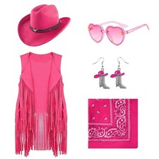 Dwieey Cowgirl Outfits for Girls Kids 6 Pcs Western Costume 5-6 Years, Pink