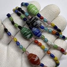 Vintage 36" Long Colorful Art Glass Bead Necklace Lampwork Swirl Beads Boho