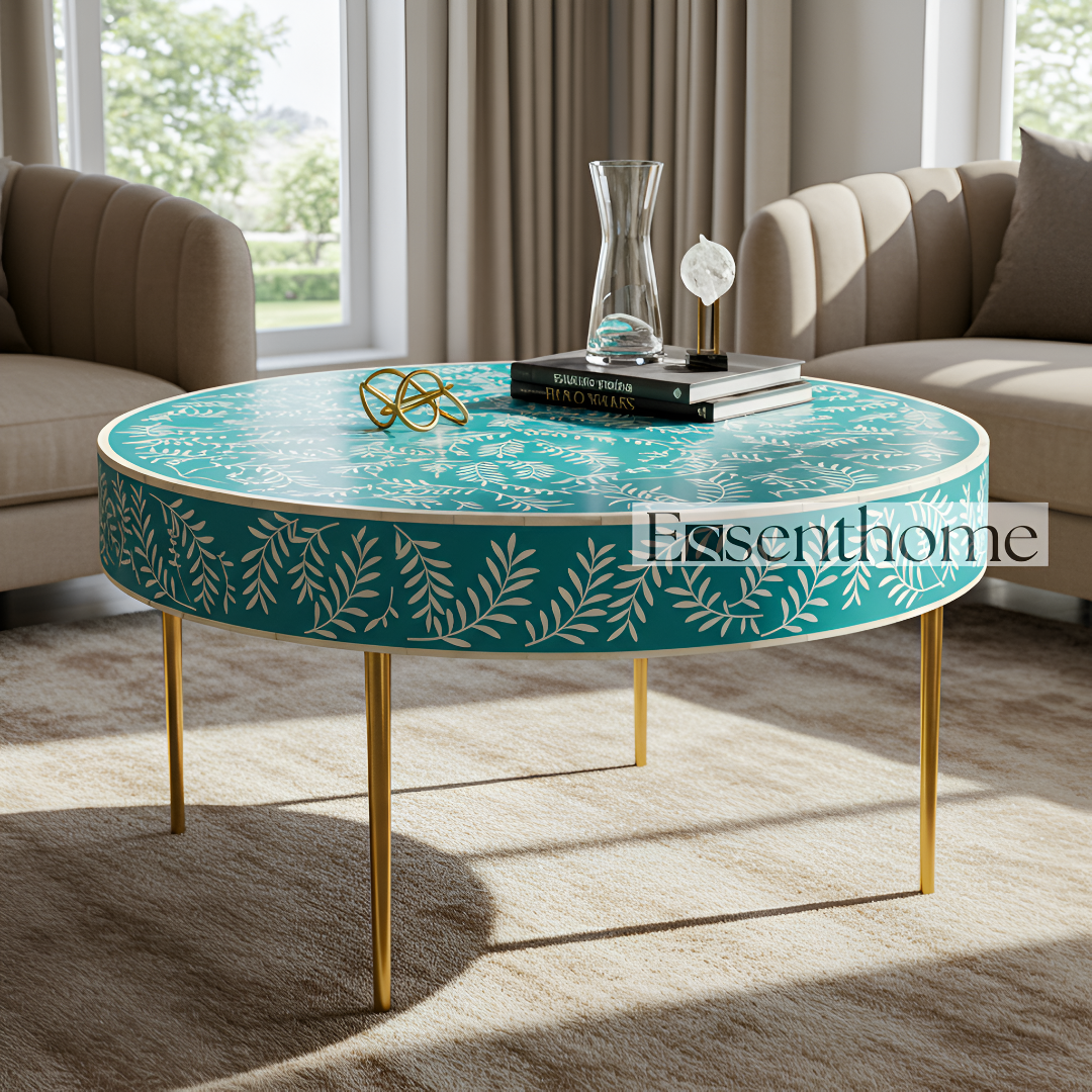 Handmade Floral Bone Inlay Round Coffee Table by Essenthome