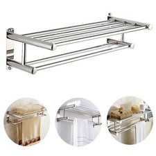 Stainless Steel Double Towel Rail Holder Wall Mounted Bathroom Silver Rack Shelf