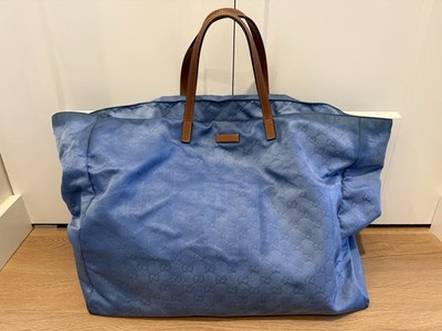 GUCCI GG Tote Bag Handbag Light Baby Blue Nylon Bag Large
