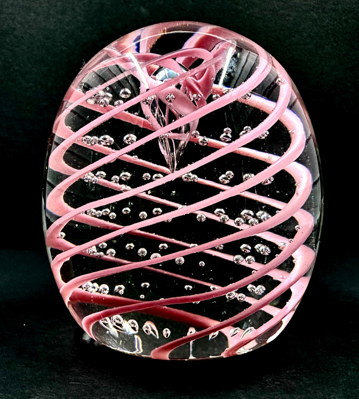 1970s Gentile Glass Pink Swirl with Controlled Bubbles Paperweight Back Stamped