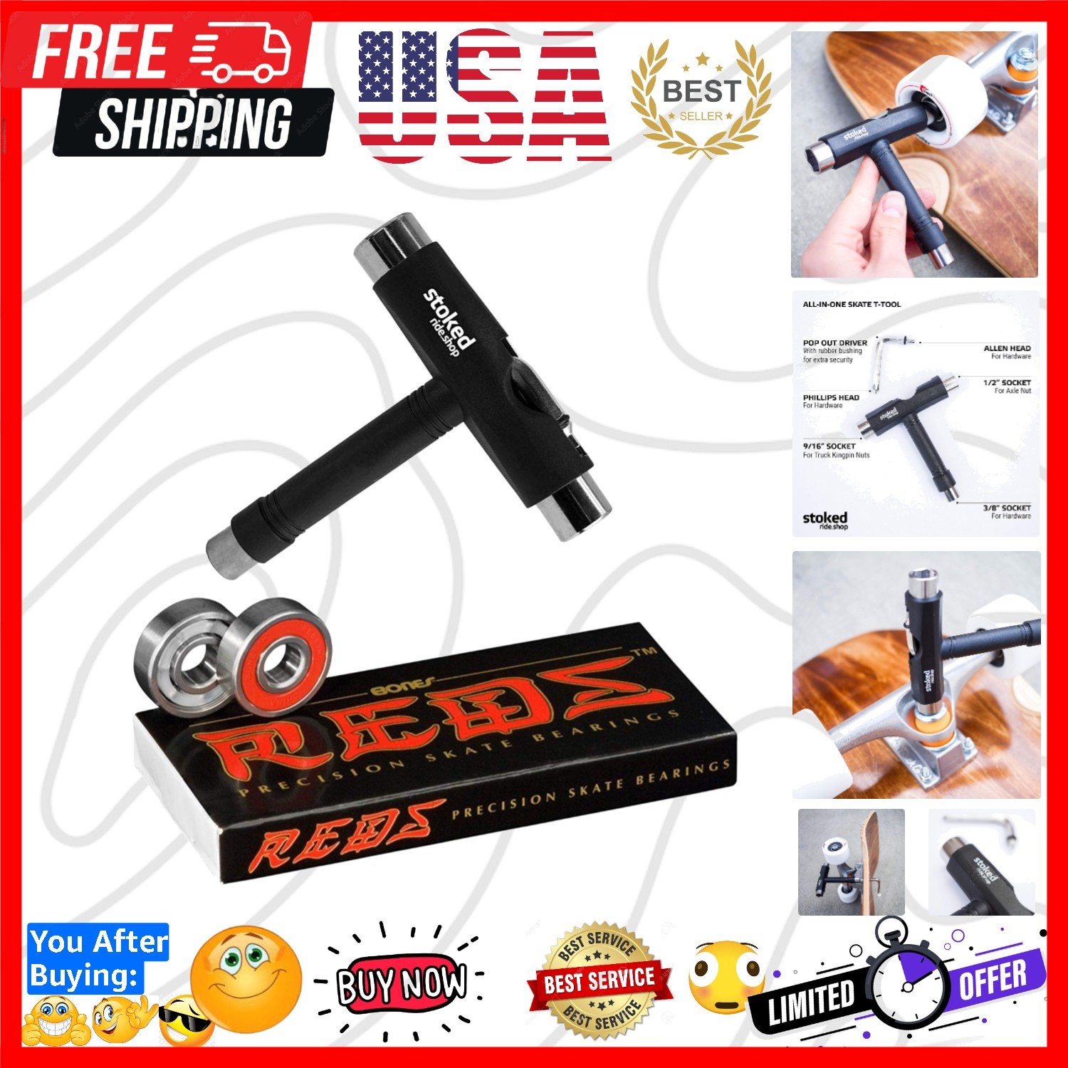 Reds Bearings 8-Pack for [Skateboards, Longboards, Scooters, Spinners] 8-Pack...