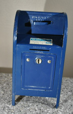 VINTAGE DECORATIVE USPS BLUE METAL MAIL BOX COIN BANK No Key