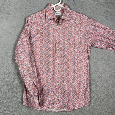 Eton Dress Shirt Men 40-15.75 Red Blue Slim Fit Floral Micro Print Button Up EUC