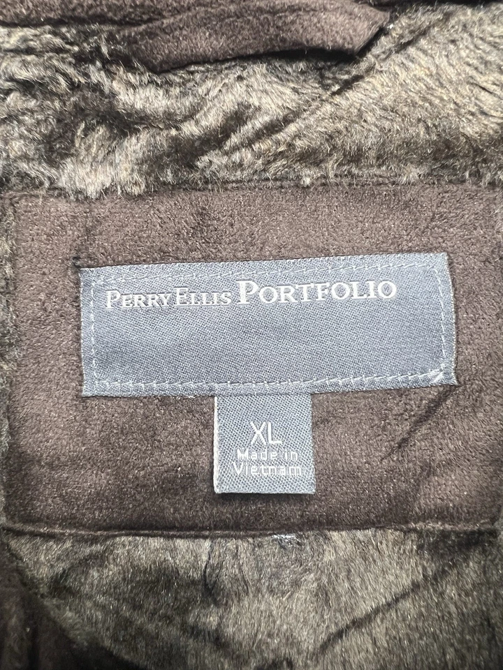 Premium Perry Ellis Portfolio Brown Faux Suede Fur Lined Jacket Coat men size XL - Image 4 of 4