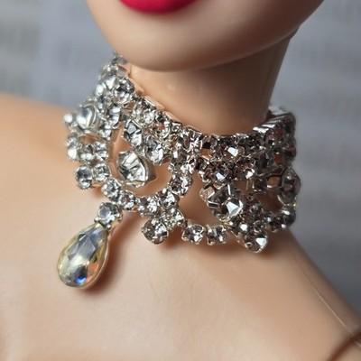JEWELRY E1 ~ 1/6 FR MODEL MUSE DOLL MAGNETIC METAL FAUX DIAMOND SILVER NECKLACE