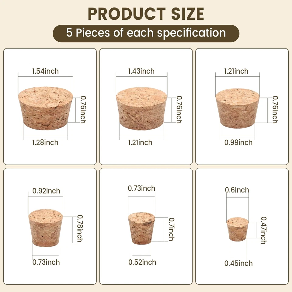 6 Tamaños Corchos para Botellas, Tapones para Botellas de Corcho Natural para Vino y Cerveza (30 Piezas) -... Foto 2 de 4
