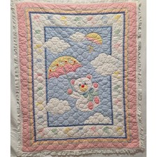 Vintage Teddy Bear Umbrella Quilt Pastel Pink Blue Eyelet Lace Baby Blanket