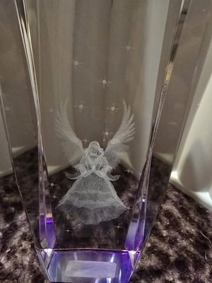 Engraved Glass Angel Figurine with Purple Base 3D Effect Decorative Sculpture